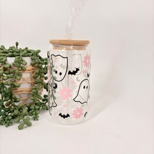 Ghost Bats‎ Pink Flowers Glass Tumbler Bamboo Lid Iced Coffee Cup Halloween